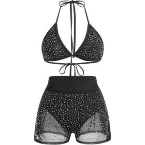 Women Sparkle Rhinestone Mesh Sheer Bikini Sets Halter Bra Top High Waist Shorts Bottom Swimsuits Rave Outfit (Black), M