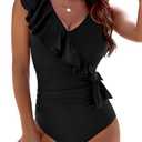 BMJL Women's One Piece Swimsuit Tummy Control Bathing Suit Sexy Ruffle V Neck Swimwear Size XL Black