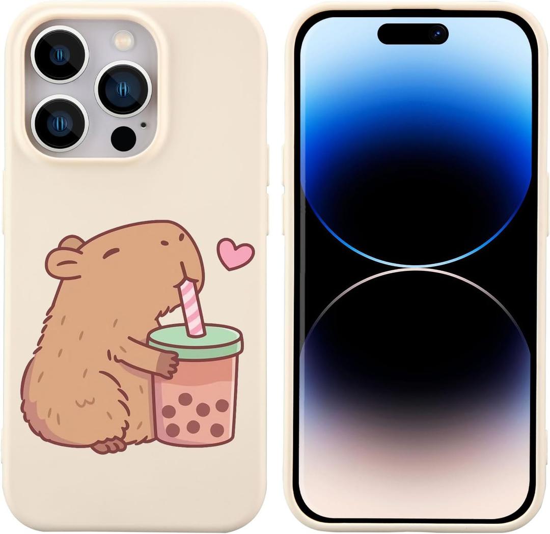 JOYLAND Cute Capybara Pattern Phone Case for iPhone 14 Plus,Kawaii Animal Printed White Liquid Silicone Case Soft Shockproof Protection Shell with Soft Microfiber Lining for Girls Women