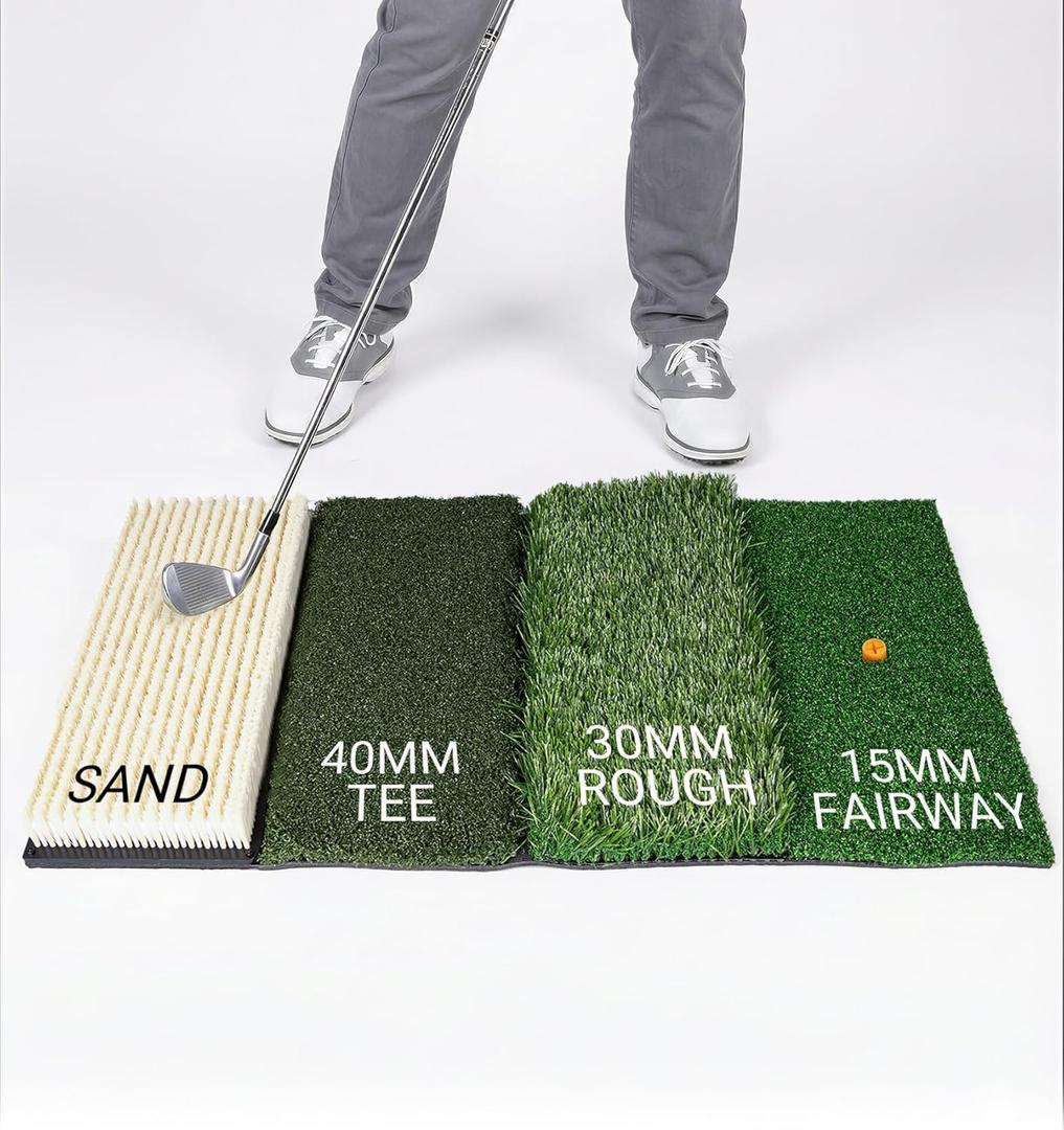 4-in-1 Golf Hitting Mat, Golf Practice Mat with Fairway, Rough, Sand & Tee Turf, Indoor Outdoor Golf Training Mat for Driving, Chipping & Putting with Golf Mat Tees