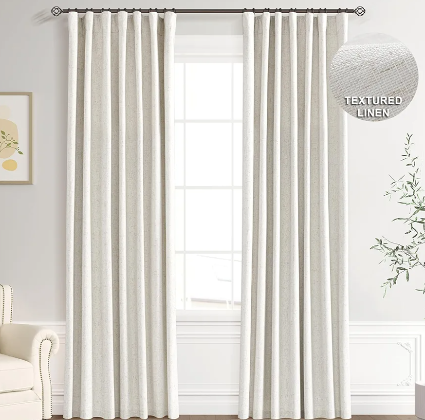Joywell Burlap Tan Linen Full Blackout Curtains 90 Inch Long, Rod Pocket/Back Tab/Hook Belt/Clip Rings,Thermal Insulated Drapes for Bedroom Living Room with Hooks,2 Panels,52 x 90