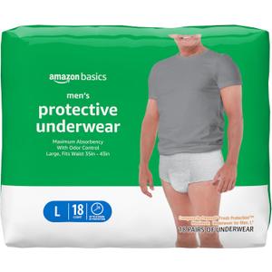 Amazon Basics Maximum Absorbency Incontinence Underwear for Men with Leak Protection, Advanced Odor Protection, Soft Cotton Feel, Large, 18 Count
