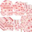 VDESFUEBY Pink Bow Cherry Party Supplies Cute Bow Cherry Heart Paper Plates Napkins Cups and Tablecloth Sets for Girls Pink Bow Cherry Birthday Party Supplies