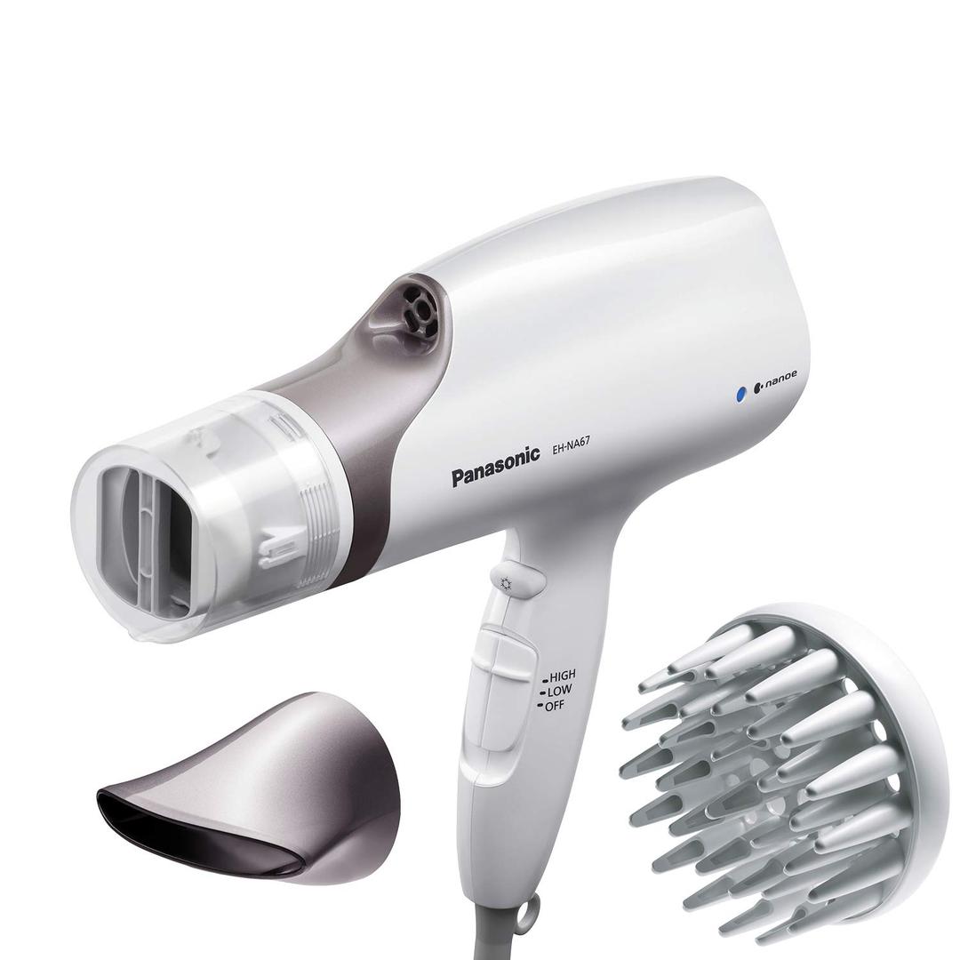 Panasonic Nanoe Salon Hair Dryer with Oscillating QuickDry Nozzle, Diffuser and Concentrator Attachments, 3 Speed Heat Settings for Easy Styling and Healthy Hair - EH-NA67-W (White) (4 Piece Set)