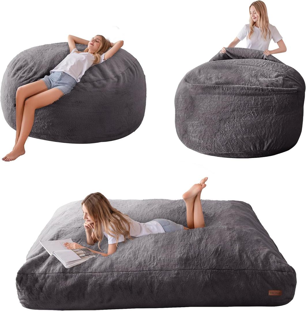 MAXYOYO Giant Bean Bag Chair Bed for Adults, Convertible Beanbag Folds from Lazy Chair to Floor Mattress Bed, Large Floor Sofa Couch, Big Sofa Bed, High-Density Foam Filling, Machine Washable (Full, Dark Grey)