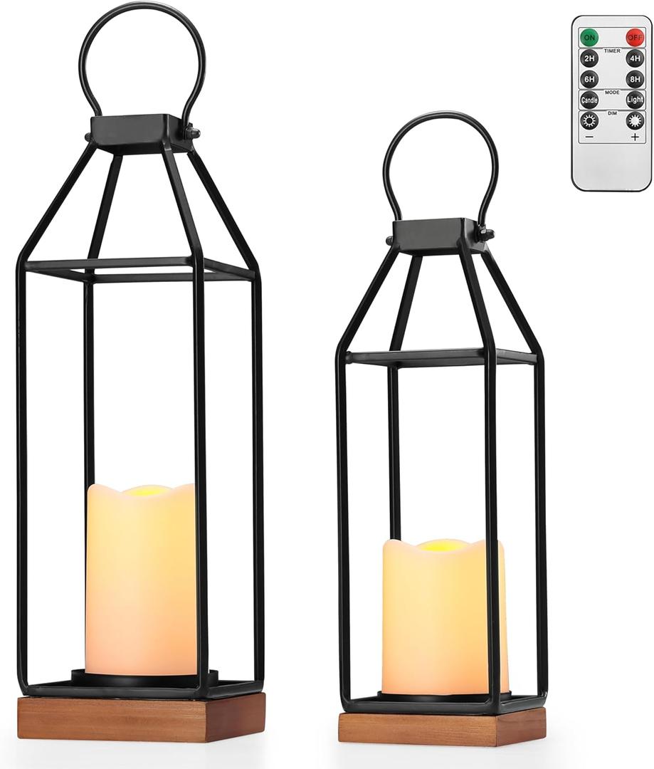 Perfnique Metal Lanterns w/ Pine Wood, Set of 2 Farmhouse Lantern Decorative w/ Waterproof Flameless Candle & Remote Timer, Modern Farmhouse Candle Holder for Outdoor, Porch, Fireplace(Wood Base) (14.8inch  17.5inch)