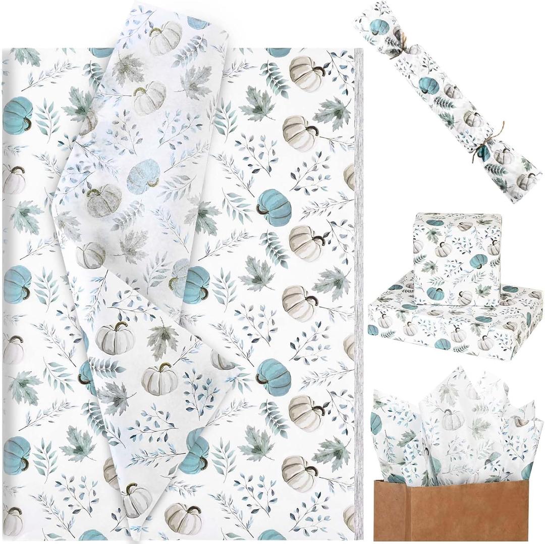 Bolsome 100 Sheets Fall Pumpkin Tissue Paper for Gift Wrapping Blue White Pumpkin Leaves Printed Art Tissue Paper for Thanksgiving Day Harvest Autumn Holidays DIY Craft, 19.7 x 13.8 Inch