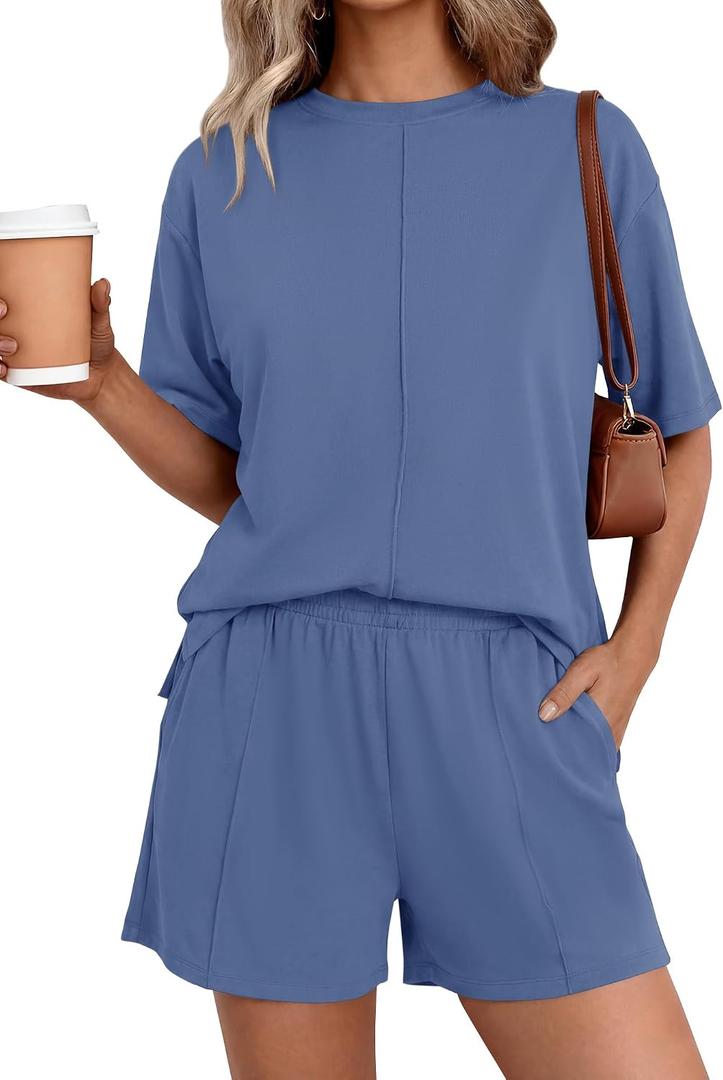 BTFBM Casual 2 Piece Sets For Women Summer 2026 Short Sleeve Tops Shorts Spring Lounge Matching Workout Airport Outfits(Grey Blue,Small)
