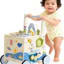 Wooden Baby Walker Push Toy for Toddlers 10M+ | Adjustable Height & Speed Control | Montessori Activity Center with Fishing Game, Music, Storage | Ocean World Theme Learning Walking Toy