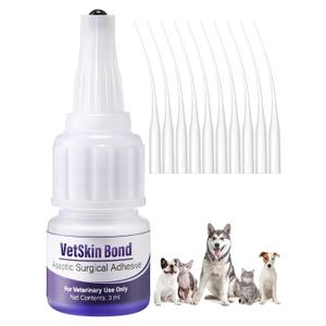 1 Pack 3ml Veterinary Surgical Skin Glue with 10 Precise Applicators, Strong Surgical Adhesive, Blue-Tinted Animal Tissue Wound Glue, Fast Bleeding Control and Waterproof Wound Sealant for Pets