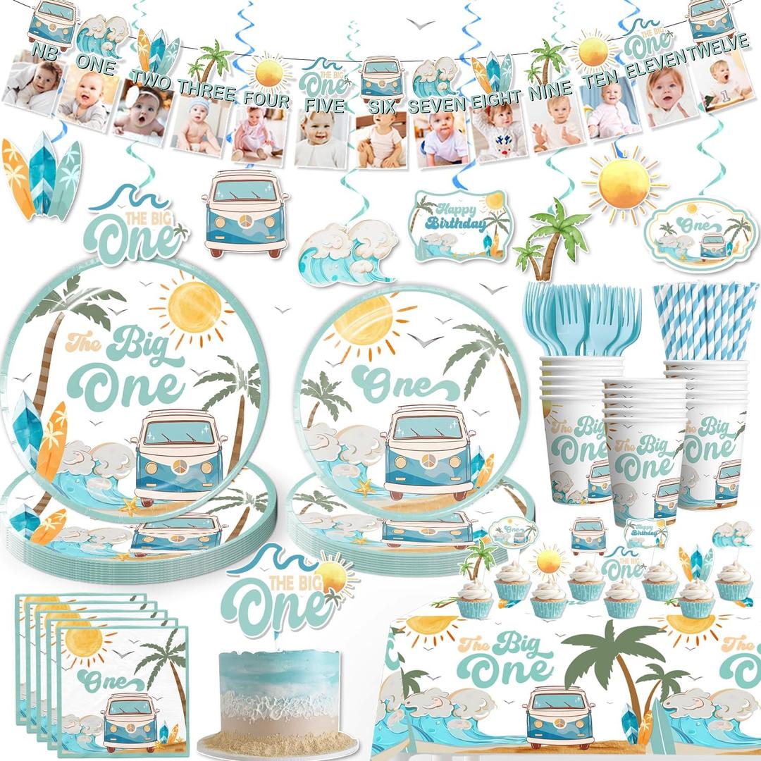 178pcs The Big One Birthday Decorations for 25 Guest, The Big One Party Decorations Tableware includes Banner Hang Swirls Plates Napkins Cups Forks Straw Caketopper Cupcake Topper Tablecloth