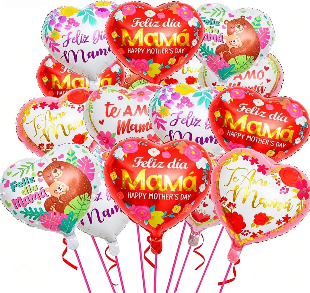 Happy Mother's Day Balloons 20Pcs 18inch Aluminum Foil Balloons Feliz Dia Mama Heart Balloons for Mother's Day Birthday Party Decorations