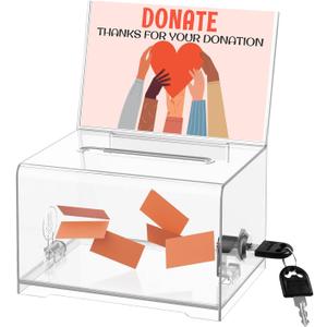 THUQ Clear Donation Box with Lock & Sign Holder, Versatile for Fundraising, Ballot Voting, Suggestions, and Tips Jar, Secure Storage Design, Size 6.2x4.6x4.0 Inch, Clear