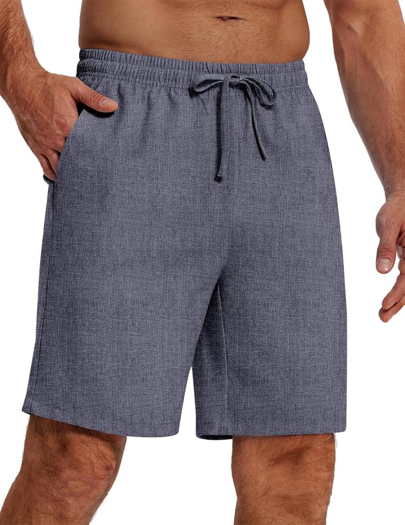 COOFANDY Mens Casual Summer Beach Linen Shorts 9 Inch Lightweight Drawstring Elastic Waist Shorts with Pockets (Blue)