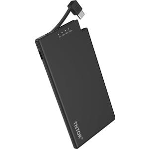 TNTOR Slim Portable Charger with Built-in USB C Cable, 5000mAh Ultra Thin Power Bank Small Battery Pack for Travel, Compatible with iPhone 15/16 Android Samsung Galaxy Pixel
