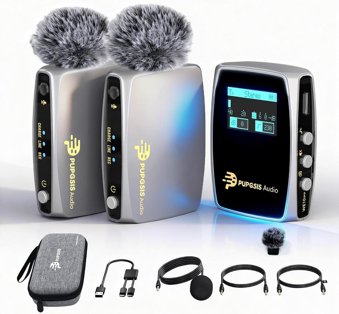 Wireless Lavalier Microphones for phones Cameras, Mini Mic Lapel Wireless Microphone with 20H Battery Life, 64GB TFcard Slot, DSP Noise Cancelling for Record Interview, Vlogs, YouTube, Tiktok (WE10)