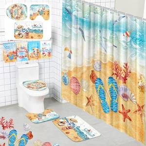 Tranqun 8 Pcs Summer Beach Shower Curtain Set Hello Summer Bathroom Decor Sea Ocean Waterproof Shower Curtain Towels Starfish Shell Sunshine Non Slip Rug Toilet Lid Cover Bath Mat with 12 Hooks
