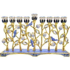 The Dreidel Company Hanukkah Menorah Enamel Pomegranate & Blue Bird Design, Hand-Painted Enameled Metal This Ornate 9 Branch Menorah Measures 12" High X 10" Wide