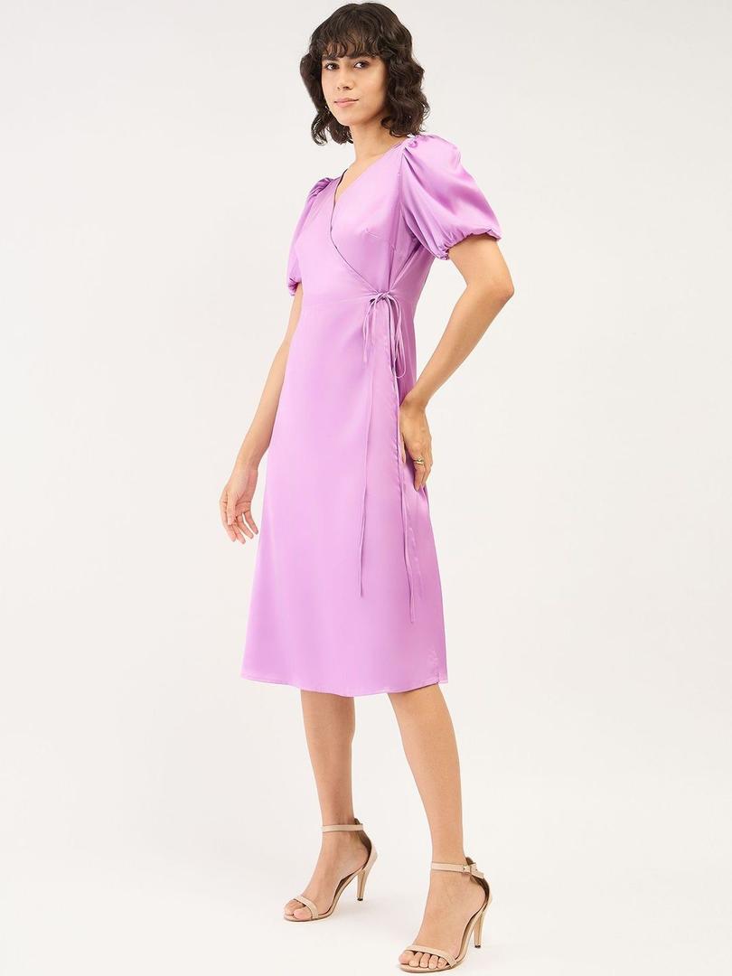 Salt Attire Havana-Lavender Midi Length Wrap Dress – Satin V-Neck Fit & Flare Balloon Sleeves, Side Belt Fastening
, M