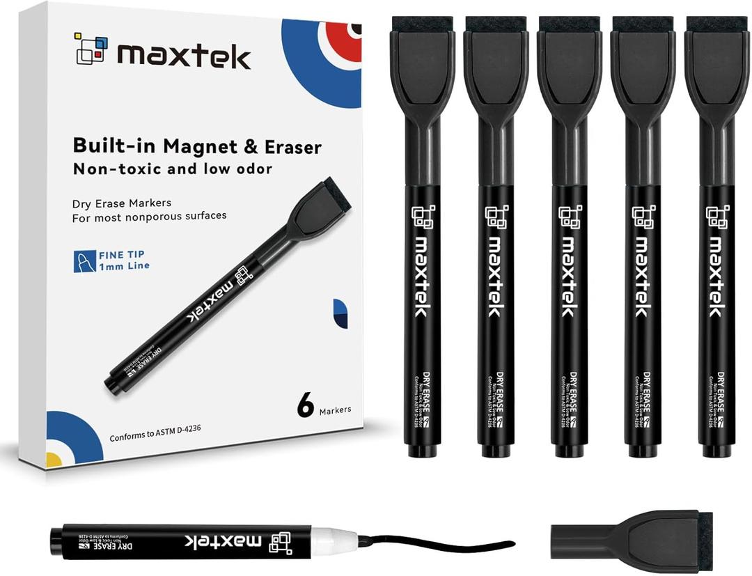 maxtek Magnetic Black Dry Erase Markers, 6 Count Fine Tip Whiteboard Markers with Eraser, Thin Markers Low Odor for Classroom, Office, Home