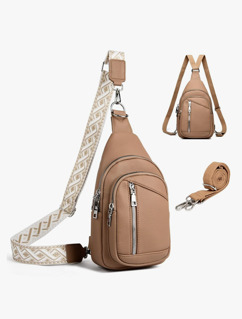 Sling Bag Crossbody Backpack - 2 in 1 Leather Cross Body Bag Fanny Pack with 2 Removable Straps