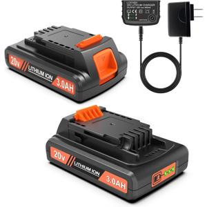 2 Packs 3000mAh 20v Batteries and Charger, Replacement for Black and Decker 20v Lithium Battery LB20, LBXR20, Compatible with Black and Decker Battery 20V Cordless Power Tools and Charger