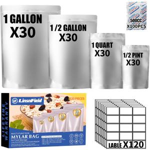 120PCS Mylar Bag Bundle, 4 Multi-Size Pouches(11Mil), 100x500cc Oxygen Absorbers, 120 Labels, Heat Sealable, Food Safe, BPA-Free  for Strong, Secure Long Term Food Storage, Silver