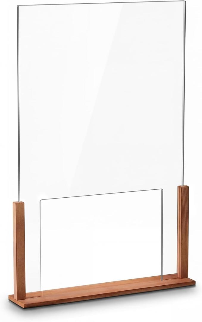 Cinnvoice Wood Acrylic Sneeze Guard for Counter with Passthrough, 24" x 16" Freestanding Desk Divider for Cashier, Office, Restaurant & Reception, Protective Shield Barrier with Transaction Window