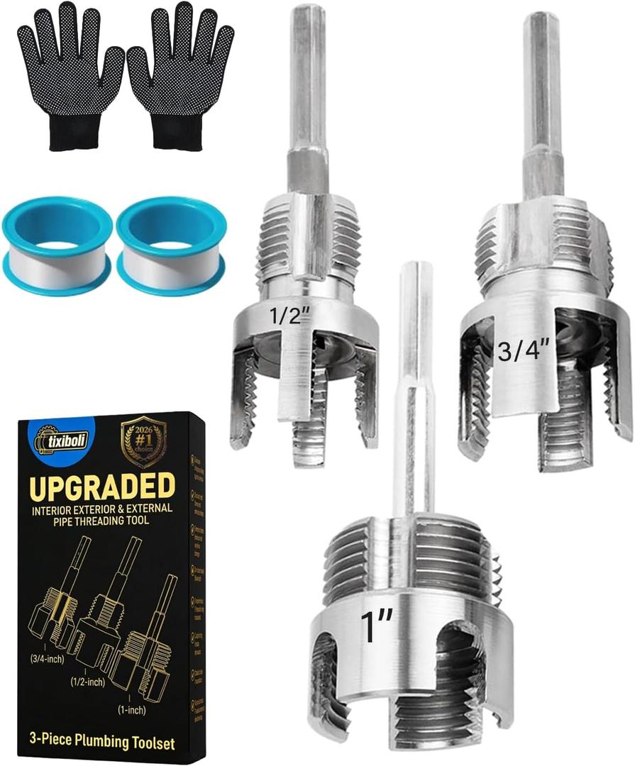 3PCS PVC Pipe Threader, 1/2" 3/4" 1" Carbon Steel 4 in 1 Water Pipe Wrench Cutter Set, Dual-Function Integrated Internal & External Plastic Pipe Threading Plumbing Pipefitter Plumber Tool Kit