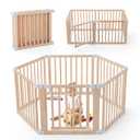 Foldable Wooden Playpen, Large Baby Play Yard with Locking Gate for Babies and Toddler 1-3 Year, Portable Playpen for Activity Center Indoor Outdoor(Wood, 6 Panel)