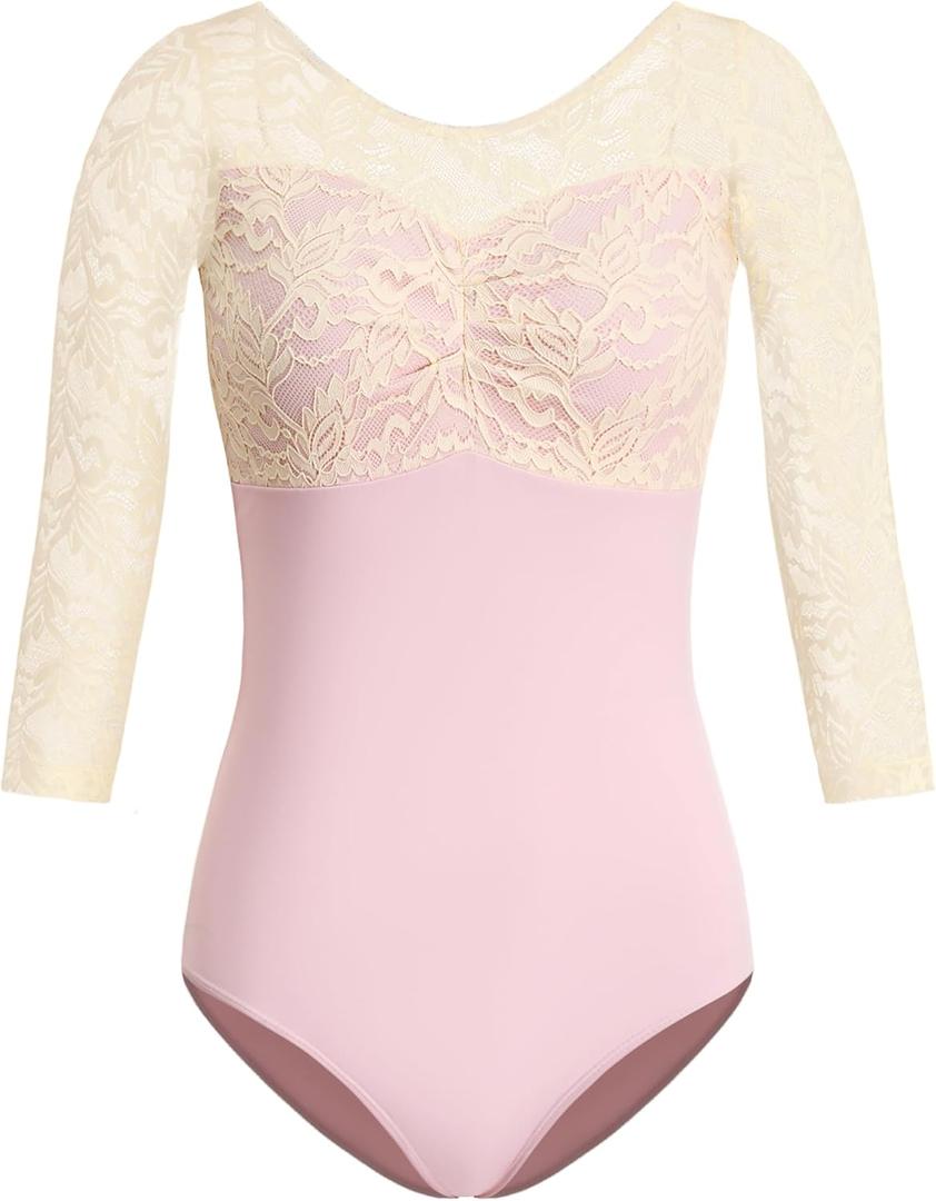 HROYL Women's 3/4 Sleeve Lace Leotards Ballet Dance Gymnastics Bodysuit, Pink