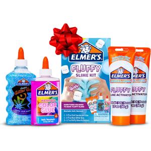 Elmers Fluffy Slime Kit, Includes Translucent Color Glue, Glitter Glue, Fluffy Slime Activator, 4 Count - Perfect for Birthday Parties, Gift Idea, Kids Activity