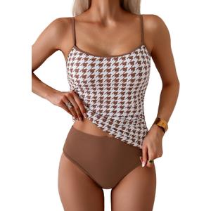 Eomenie Women's Tankini Swimsuits Two Piece Tummy Control Bathing Suit Color Block Slim Swimwear with High Waisted Bottom (Large, Printed Brown White)