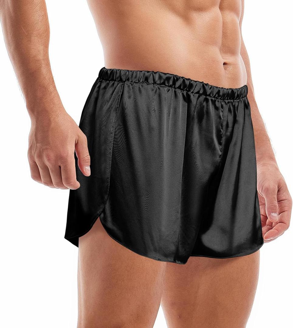 Mens Satin Boxers 3 Inch Inseam Silk Shorts Sexy Underwear Pajama Bottoms Large Split Sides (Black), L
