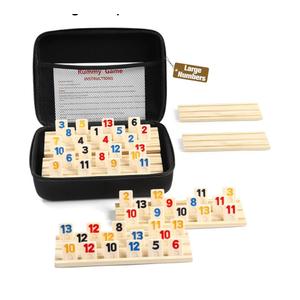 Rummy Cube 6 Player Edition with 6 Wooden Racks/Trays, 160 Large Numbers Rummy Tiles Set with Zippered Case, Rummy Travel Game Set with 6 Tiles Holders - Classic Board Games for Family Adults Kids