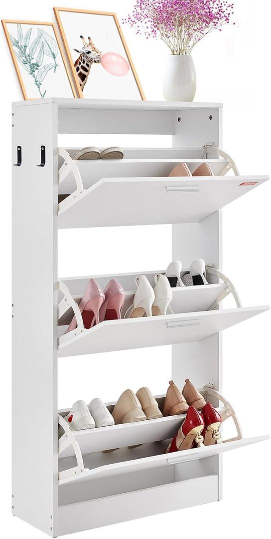 VEVOR Shoe Cabinet with 3 Flip Drawers, Shoe Storage Cabinet for Entryway, Free Standing Shoe Storage Organizer with Side Hooks for Heels, Boots, Slippers in Hallway, Living Room