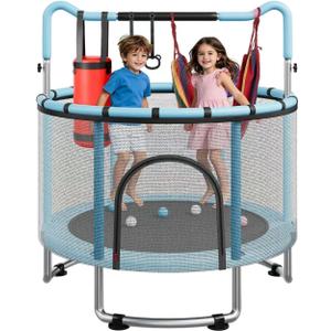 55/60" Trampoline for Kids, 4.5/5 FT Toddler Trampoline with Enclosur Net, Basketball Hoop & Sandbag, 440 LBS Capacity, Adjustable HeightGifts for Ages 3-12 Boys & Girls