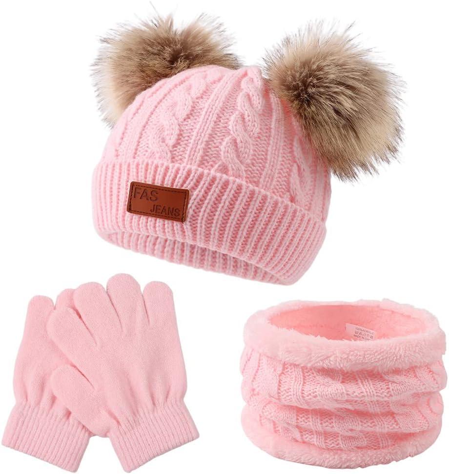 Yuoahcn Kids Winter Beanie Hat Scarf Gloves Set Knit Warm Toddler Winter Cap Gloves Neck Warmer for Boys Girls 1-8 Year (Light Pink)