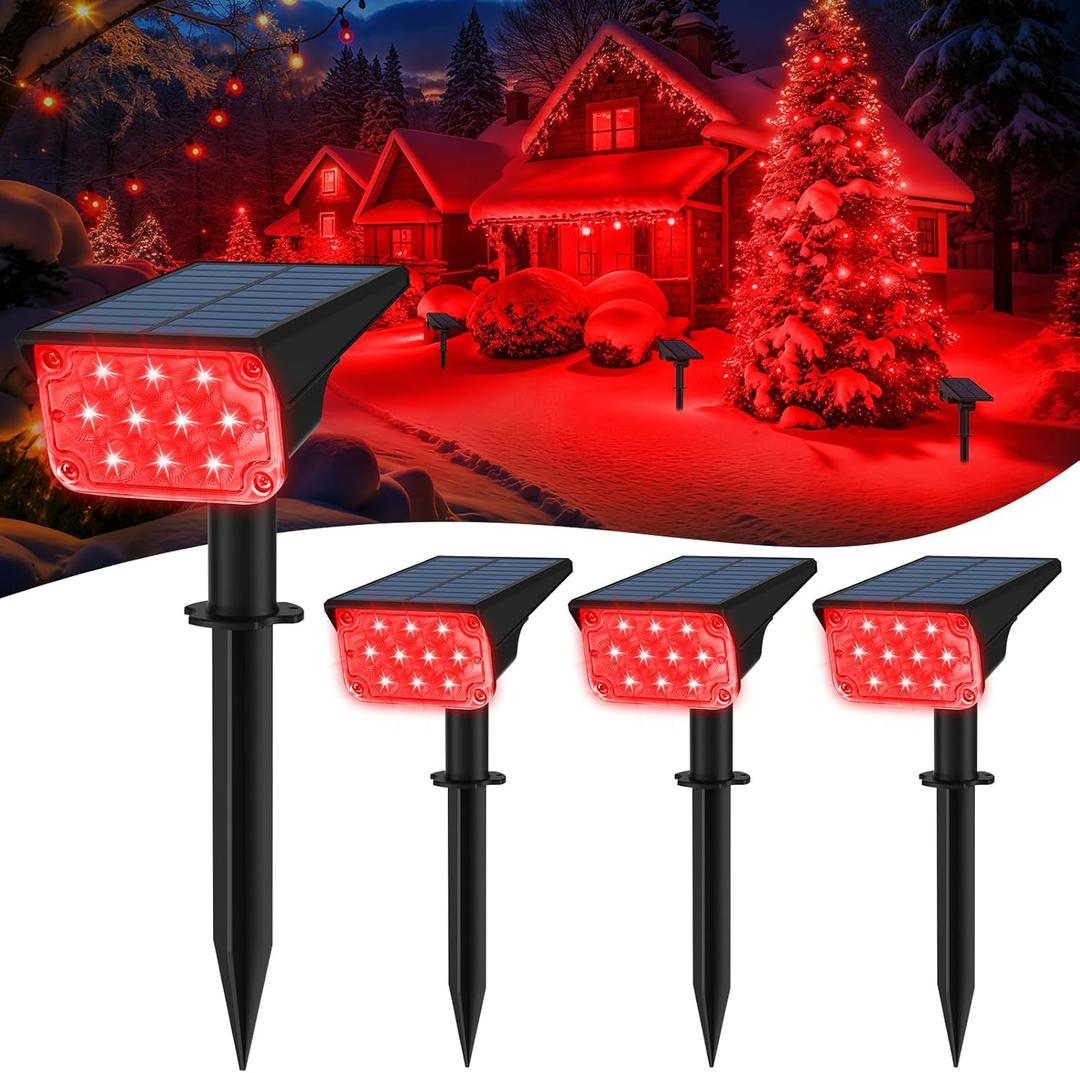 T-SUNUS Christmas Red Solar Lights for Outside IP65 Waterproof Auto On/Off Adjustable Landscape Spot Lighting Garden Spotlight Outdoor Tree Pathway Yard Driveway Wall Patio Lawn Flag Halloween 4 Pack