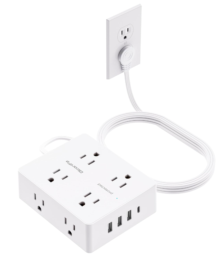 olcorife Multiprise avec protection contre les surtensions de 3 m – Cordon d'extension plat ultra fin, 8 prises, 4 ports USB (1 USB C), rallonge de prise plate, essentiels pour dortoir universitaire