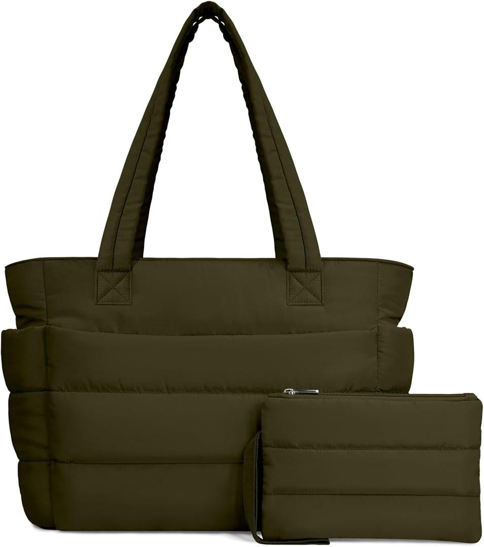 TOPDesign Puffer Tote Bag for Women, Lightweight Puffy Handbag with Compartments, Quilted Shoulder Bag for Work, Travel, Gym (Medium, Dark Green)