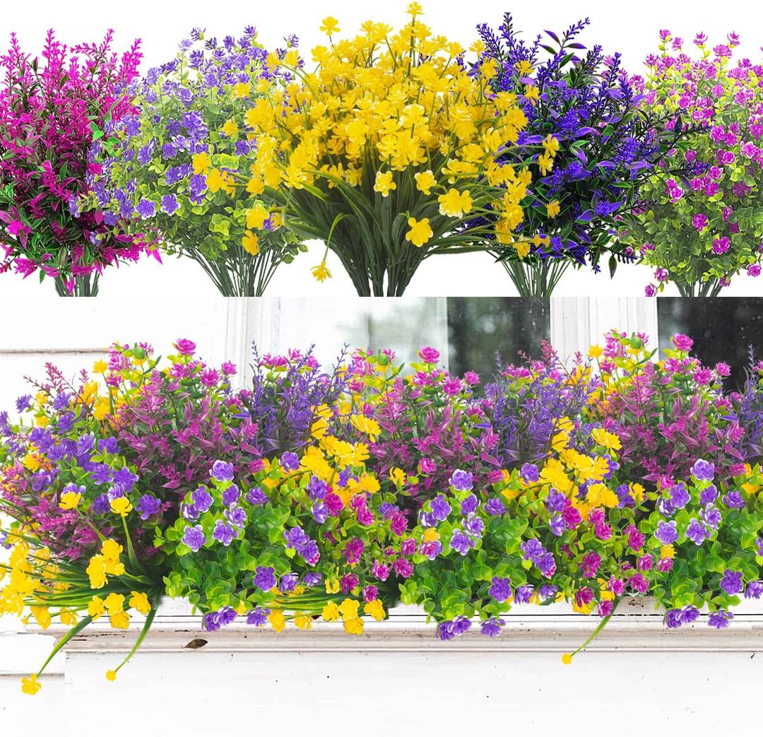 Grunyia 20 Bundles Artificial Flowers Outdoor UV Resistant No Fade Fake Plants Faux Plastic Shrubs for Garden Patio Porch Window Box Home Wedding Farmhouse Hanging Dcor