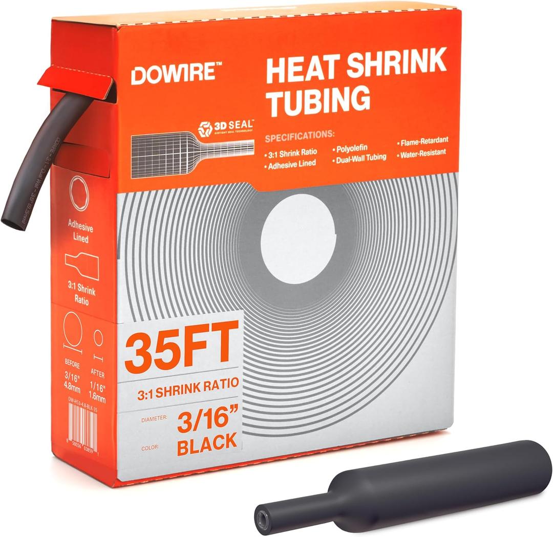 Dowire Heat Shrink Tubing 3/16" - Adhesive Lined - 3:1 Ratio - Waterproof Marine Grade Shrink Tube - Wire Shrink Wrap Tubing - Black - 35 Feet
