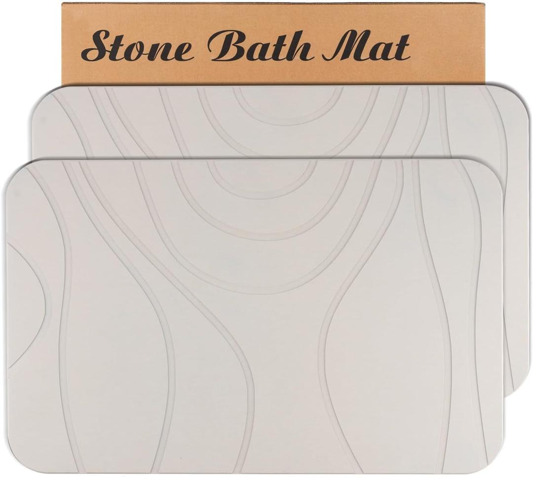 Stone Bath Mat, 2 Pack Diatomaceous Earth Shower Mat, Non-Slip Super Absorbent Quick Drying Bathroom Floor Mat, 24x15, White