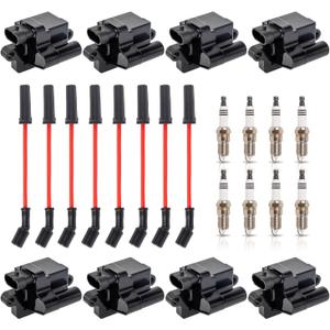 ENA Set of 8 Square Ignition Coil 8 Platinum Spark Plug and Red Wire Set Compatible with Chevrolet Chevy GMC Hummer Avalanche Savana 1500 2500 3500 Sierra H2 4.8L 5.3L 6.0L for UF271 748EE 41962