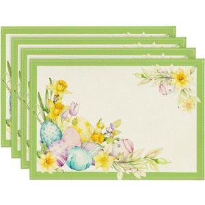 Artoid Mode Green Bunny Eggs Flowers Leaves Easter Placemats Set of 4, 12x18 Inch Seasonal Spring Holiday Table Mats for Party Kitchen Dining Decoration