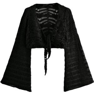 OYOANGLE Women's Plus Size Hollow Out Crochet Cardigan Sweater Tie Front Bell Sleeve Cropped Bolero Shrugs
