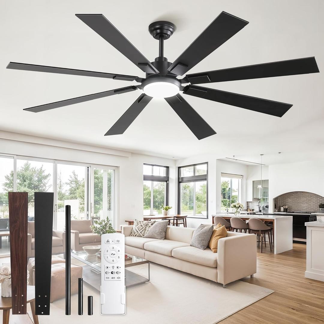 ZMISHIBO 65 Inch Ceiling Fans with Lights and Remote, Black Large Ceiling Fan with 3000-6000K Dimmable, Quiet Reversible DC Motor, 6 Speeds, 8 Blades Indoor/Outdoor Ceiling Fan for Patios Living Room