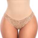Thong Shapewear Tummy Control for Women Mid Waist Body Shaper Underwear Lace Shaping Thongs Slimming Girdle Panties (Medium)