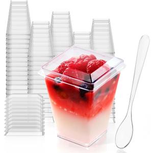 JOLLY CHEF 100 Pack 5oz Plastic Dessert Cups with Lids and Spoons, Clear Appetizer Cups for Parties, Disposable Square Dessert Shooter for Pudding Fruit Ice Cream